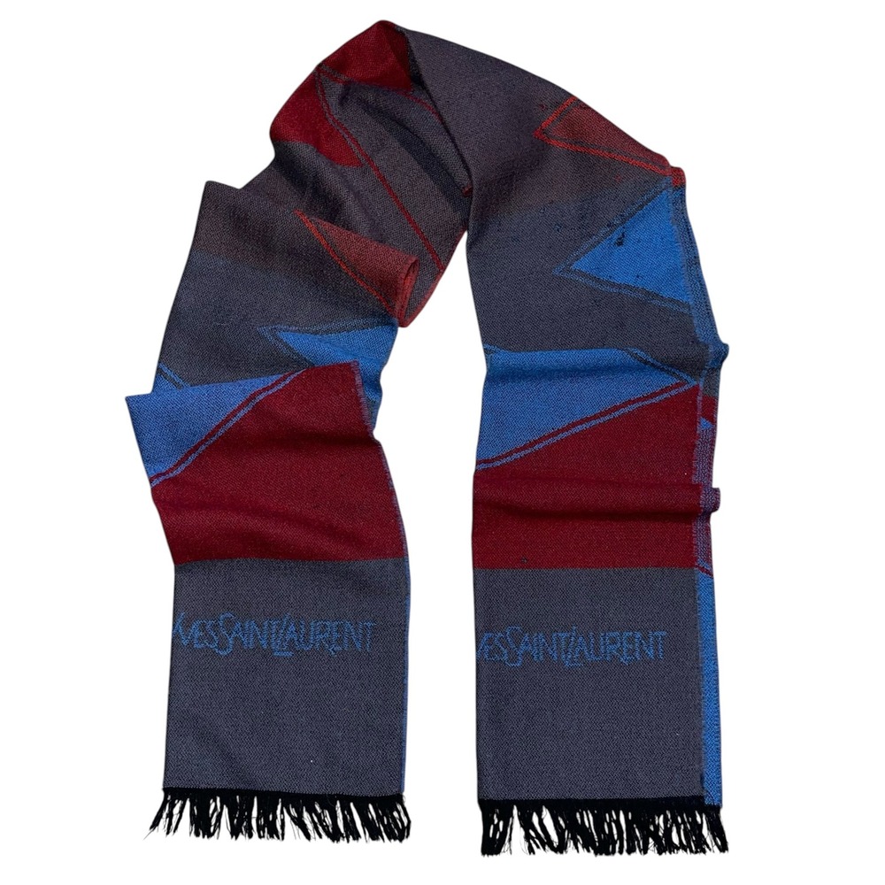Vintage Yves Saint Laurent YSL Wool Scarf Geometric Diamond Blue Red Grey 66in